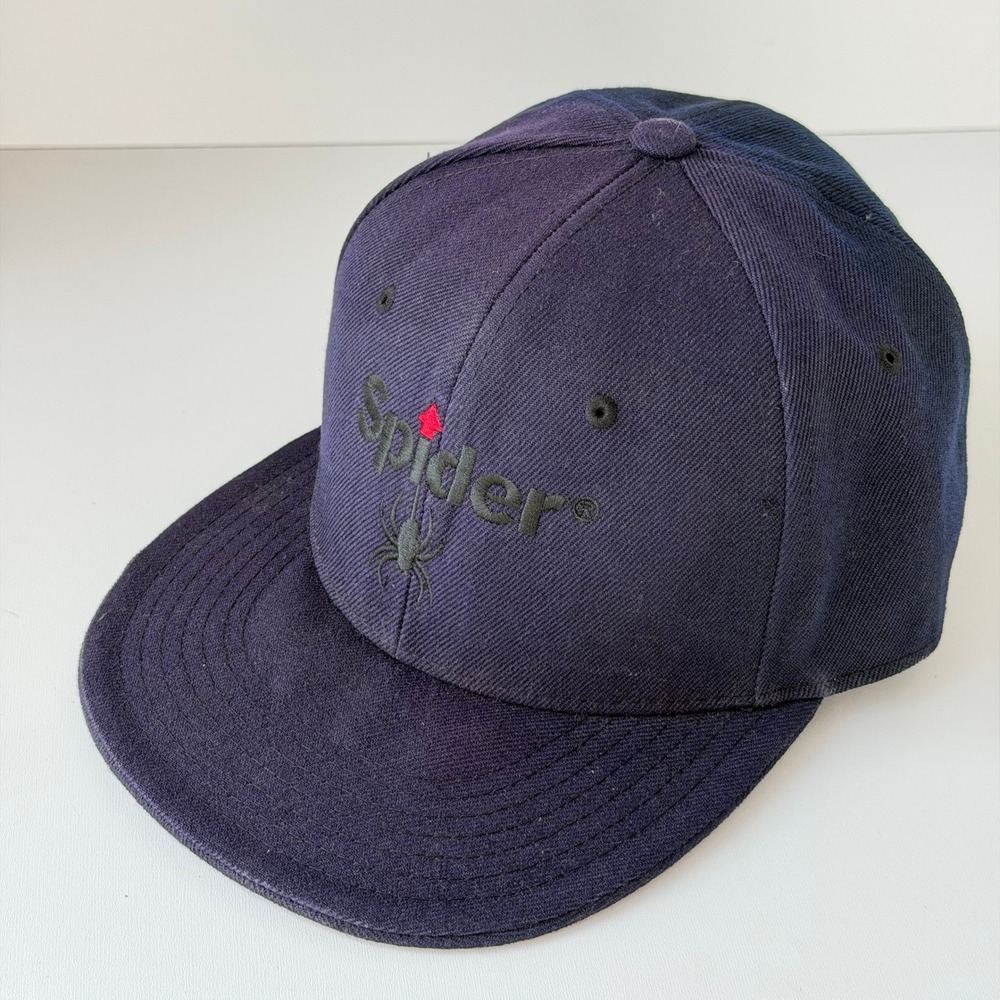 Spider Fitted Baseball Hat Men 7 1/8 Navy Blue Flat Brim Wool Embroidered Logo